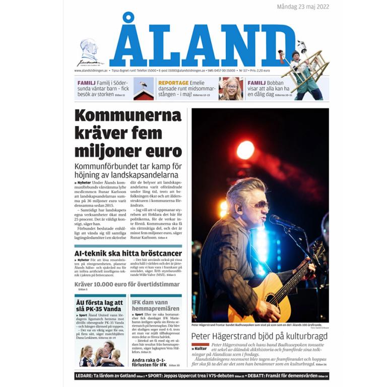Första sidan i Ålandstidningen 23.5.2022, efter första konserten.