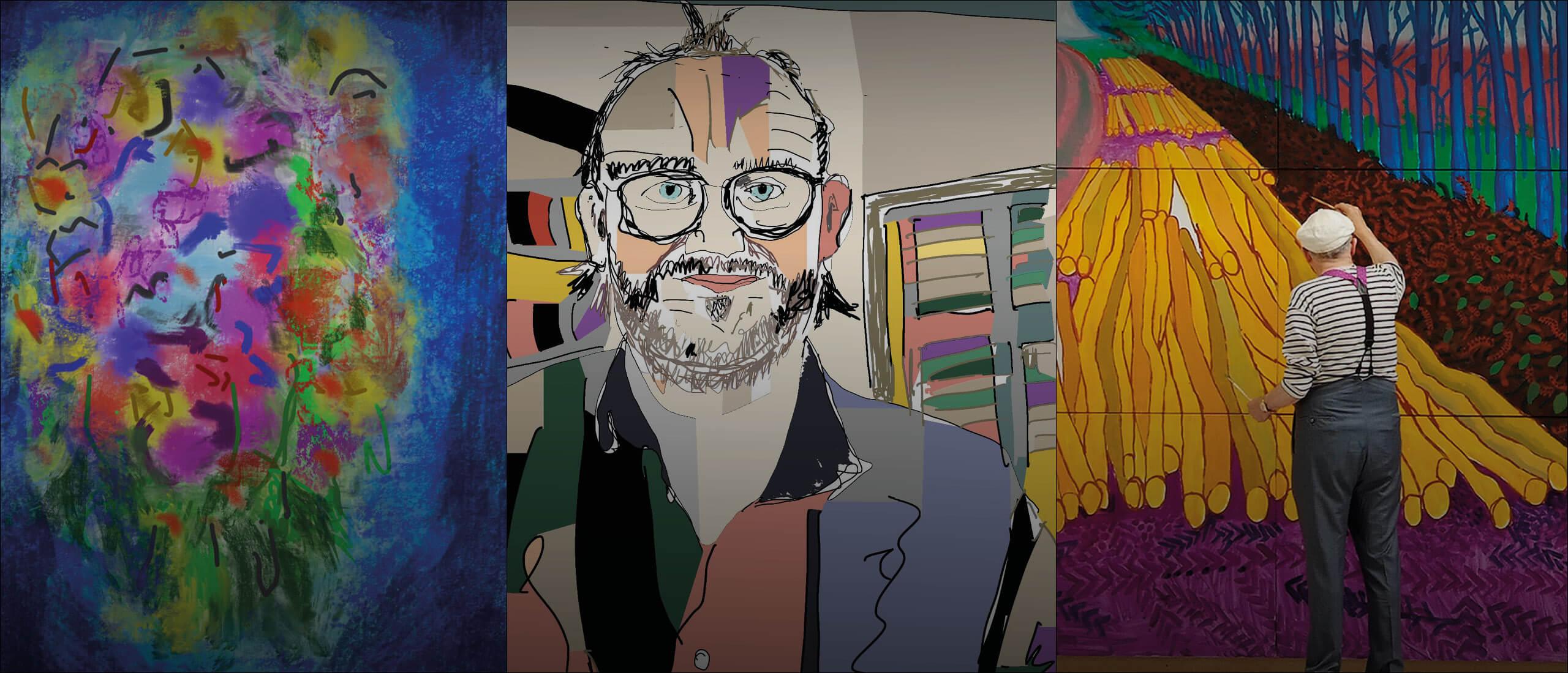 Bild som presenterar tre iPad-skapande konstnärer; David Hockney, Kalle Wetterström och Jakob Olsen